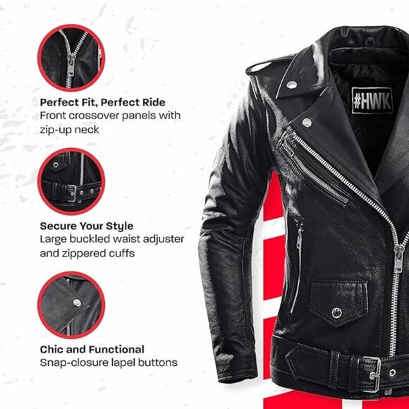 Women's HWK Brando Leather Motorcycle Jacket –Genuine, Weather & Water Resistant - Picture 3 of 7